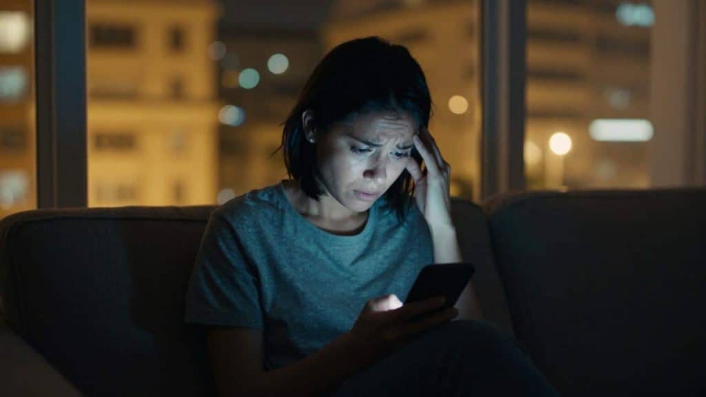 Jauna moteris žiūri į telefoną naktį, atrodo susirūpinusi.