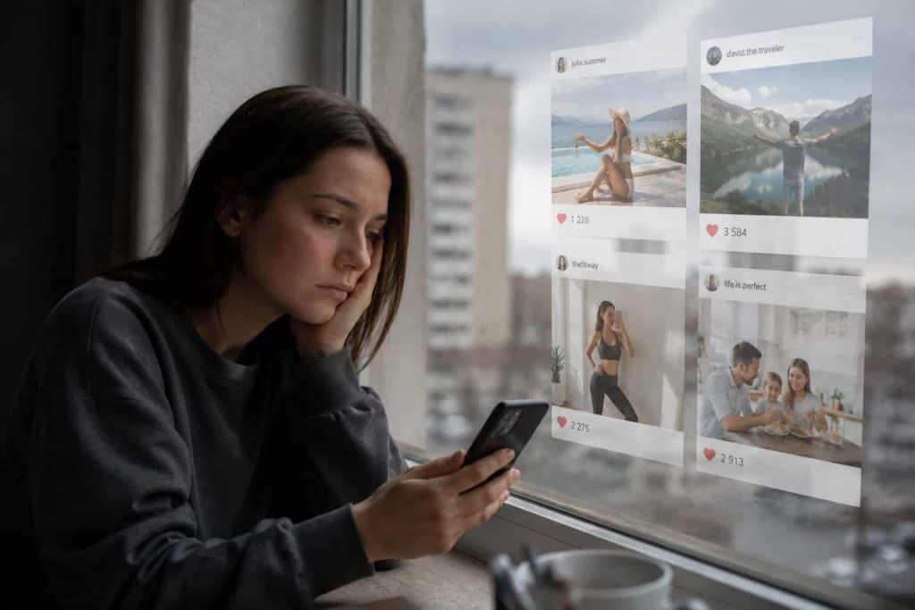 Jauna moteris žiūri į telefoną, mato socialinių tinklų nuotraukas per langą.