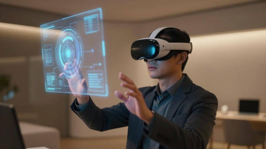 Jaunas vyras naudoja VR akinius ir sąveikauja su virtualia realybe.