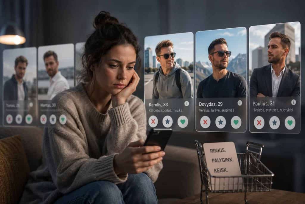 Moterys naudojasi mobiliuoju telefonu, žiūrėdama į pažinčių programą su profiliais.