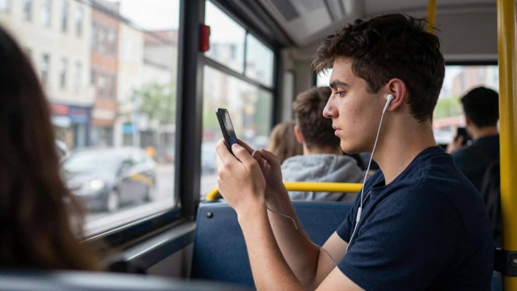 Jaunas vyras su ausinėmis ir išmaniuoju telefonu autobuse.