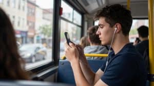 Jaunas vyras su ausinėmis ir išmaniuoju telefonu autobuse.